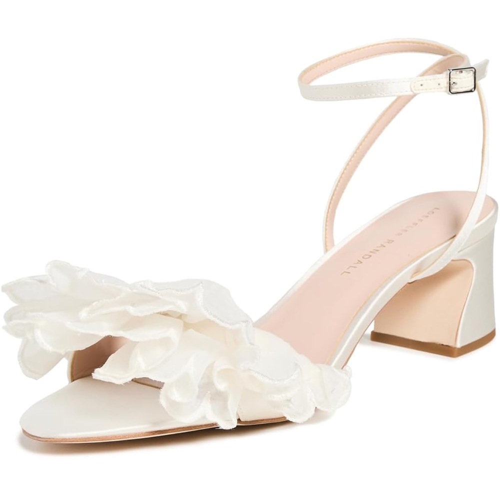 Loeffler Randall White Floral Ruffle Ankle-Strap Block Heel Sandals